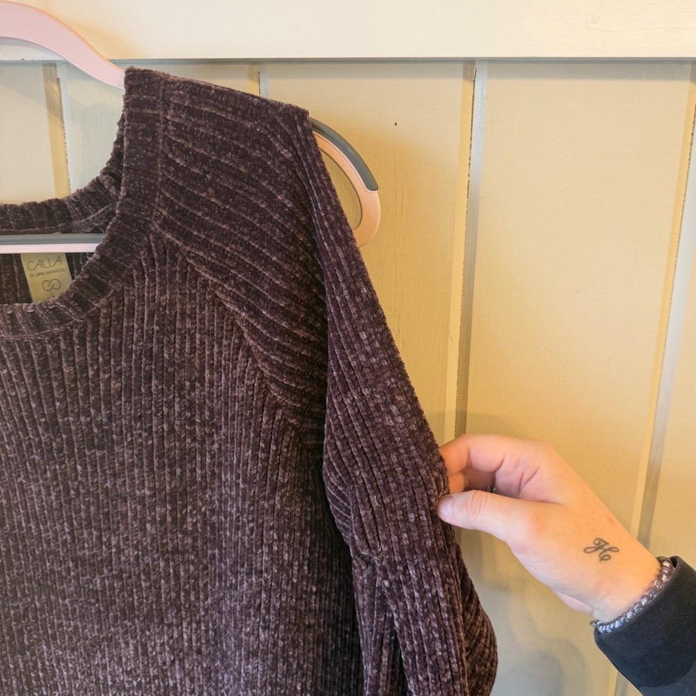CALIA Dark Purple Crew Neck Sweater, Open Shoulders, Size Large - Picture 2 of 8